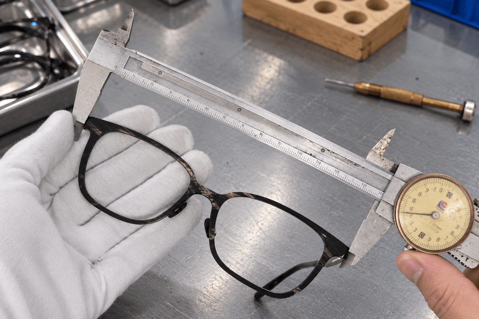 Measuring an optical frame with a dial caliper