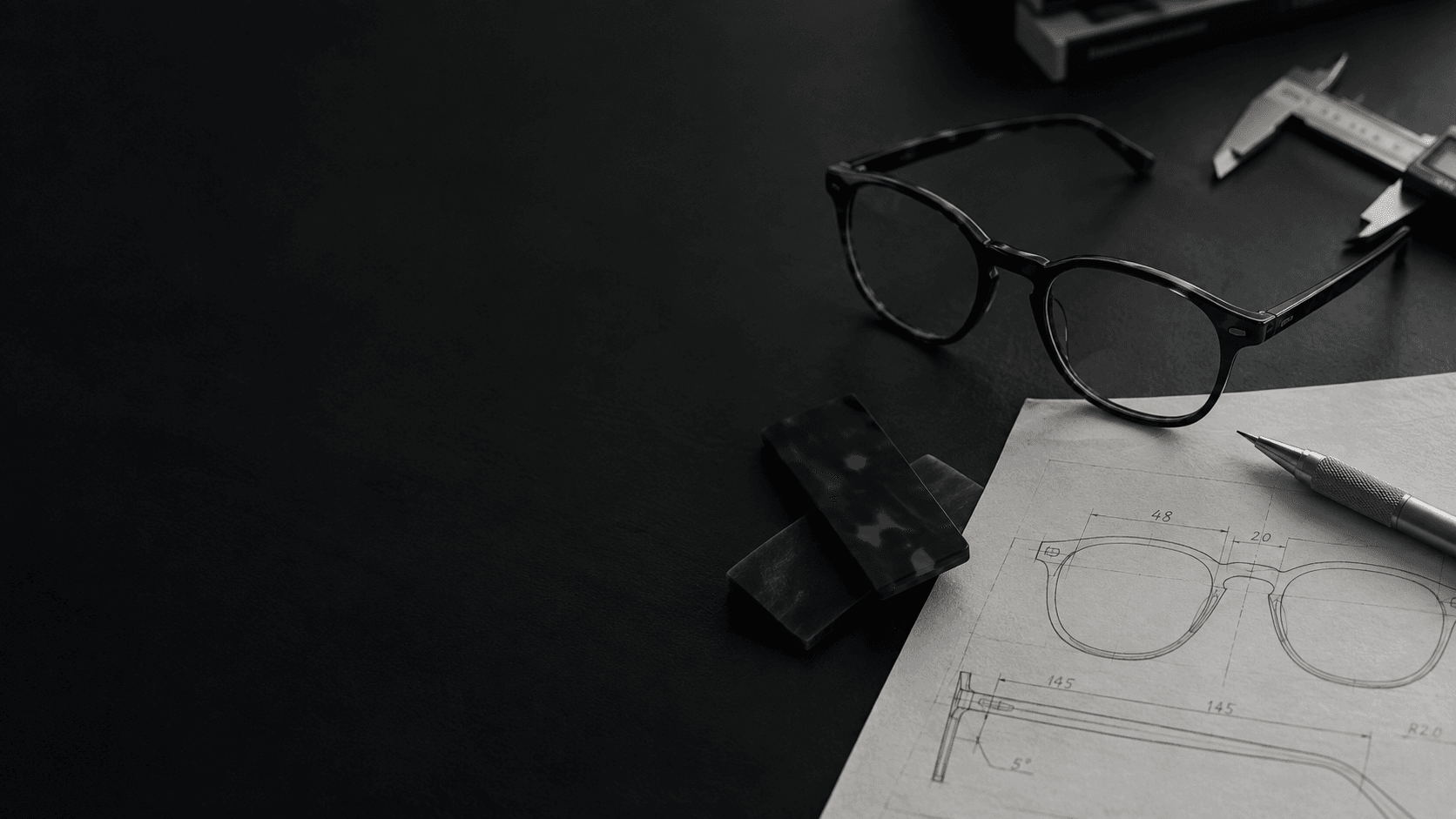 Eyewear samples, drawings and material references for a project discussion